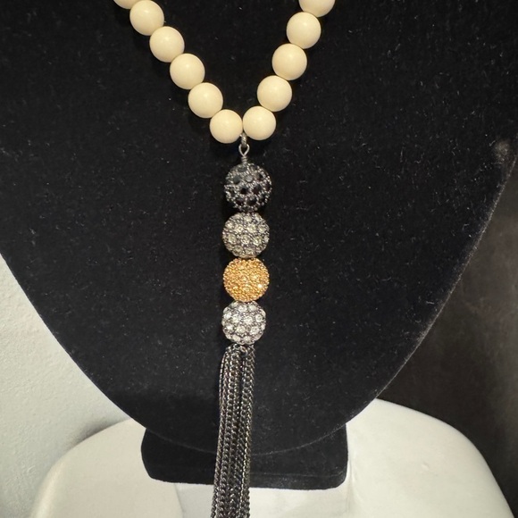 Stella & Dot Cream Beaded Necklace with Gold and Silver Tassel - Picture 3 of 4